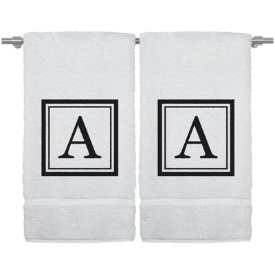 BC BARE COTTON Monogrammed Hand Towel, 100% Turkish Cotton - Set of 2 - White - Black Square