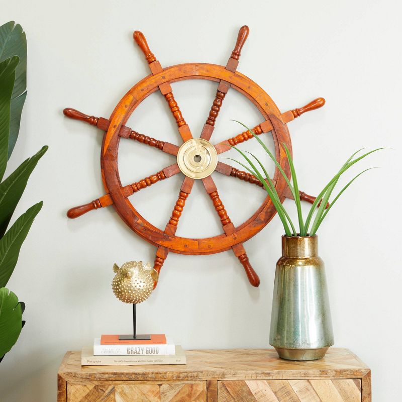 Wood Sail Boat Ship Wheel Wall Decor with Gold Hardware Brown - Olivia & May, 1 of 6