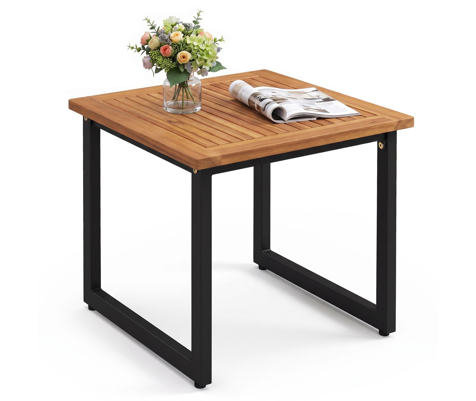 Costway 1 PCS 18" Outdoor End Table with Slatted Top, Metal Legs, Wooden Accent Bistro Table