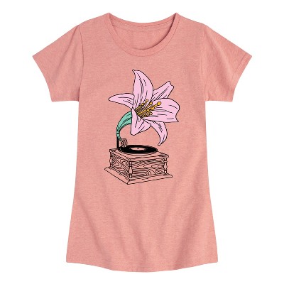 Girls' - Instant Message - Record Player Lily -Youth Girls Short Sleeve T-Shirt Fitted Short Sleeve Graphic T-Shirt