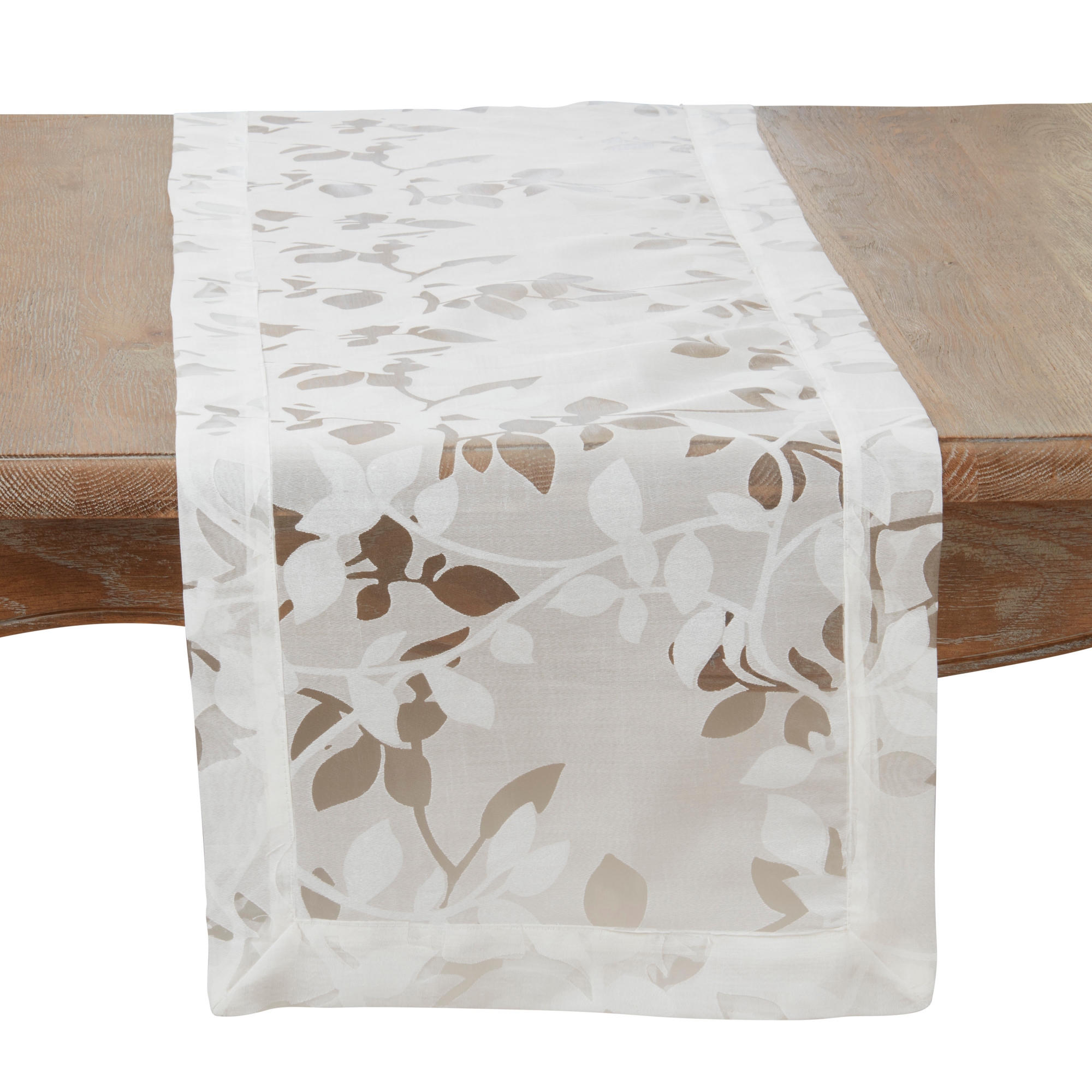 Saro Lifestyle Sheer Elegance Burnout Voile Vine Design Table Runner, White, 16"x90"