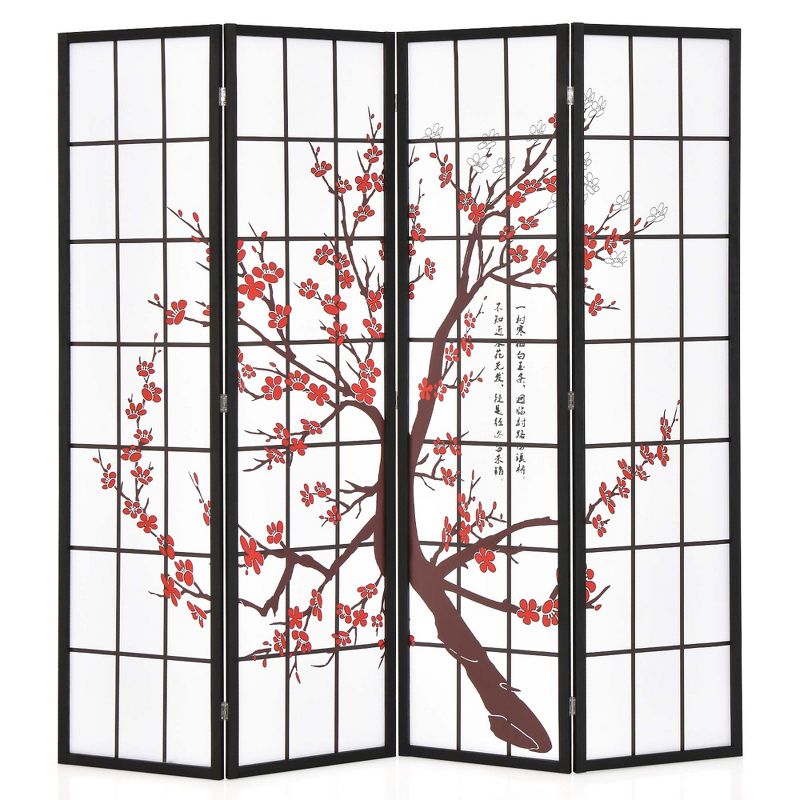 Costway 4-Panel Japanese Style Folding Room Divider with Elegant Plum Blossom Design Indoor, 1 of 11