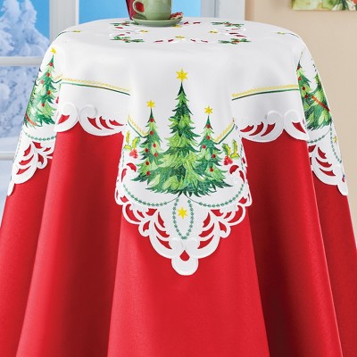 Holiday Red and White Embroidered Christmas Tablecloth