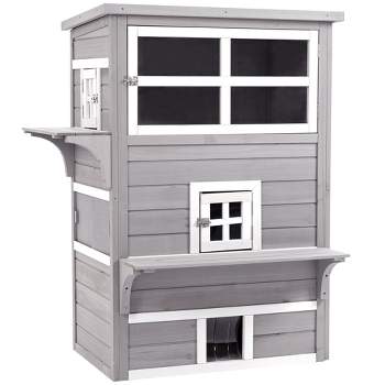 PawHut 3-Story Cat House Feral Cat Shelter, Outdoor Kitten Condo with Raised Floor, Asphalt Roof, Escape Doors, Jumping Platforms