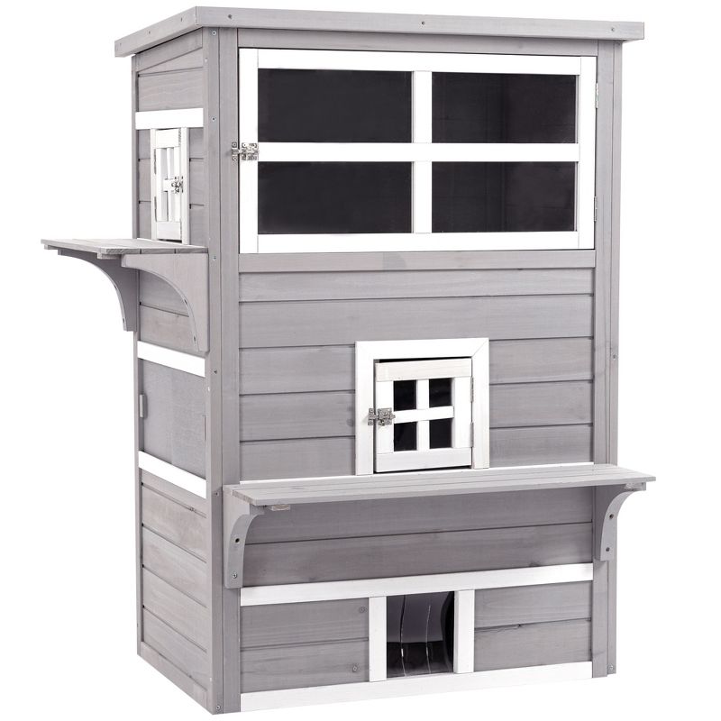 PawHut 3-Story Cat House Feral Cat Shelter, Outdoor Kitten Condo with Raised Floor, Asphalt Roof, Escape Doors, Jumping Platforms, 1 of 7