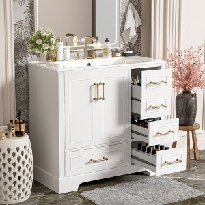 KWPZQEB 36" Traditional Bathroom Vanity with Sink, Vanity Cabinet with 4 Drawers & 2 Doors, Free Standing Single Basin Vanity Set for Bathroom - 1 of 4