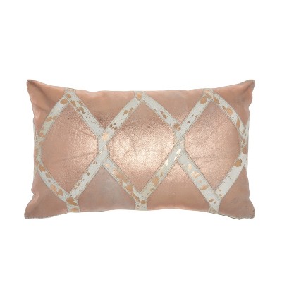HomeRoots 12" X 20" Rose Gold and White Metallic and Cowhide Throw Pillow