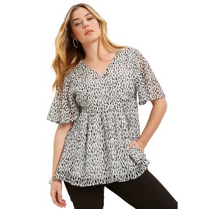 June + Vie by Roaman's Women's Plus Size Faux Wrap Fit-And-Flare Top - 1 of 4
