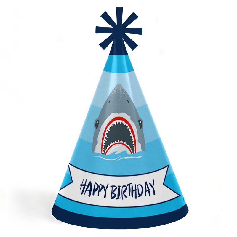 Big Dot of Happiness Shark Zone - Cone Jawsome Shark Happy Birthday Party Hats for Kids and Adults - Set of 8 (Standard Size), 1 of 8