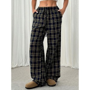 Coolmee Women's Plaid Checkered Wide Leg Pants Gingham Drawstring Elastic Waist Pajama Lounge Trousers with Pockets - 1 of 4
