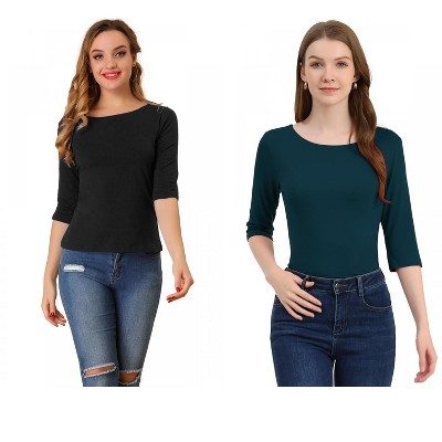Allegra K Women's Classic Solid Elbow Sleeves Round Neck Slim Fit T-Shirts 2 Packs