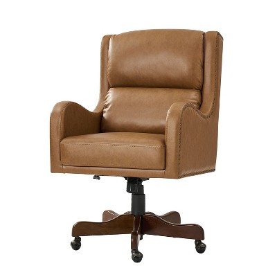 Anders Transitional Leather Executive Task Chair with Solid Wood Base with Casters|ARTFUL LIVING DESIGN-Camel