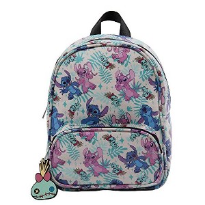 Disney Stitch & Angel Mini Backpack with Allover Print & Molded Scrump Dangle, 10.5 Inches, Adjustable Straps, Faux Leather - 1 of 4
