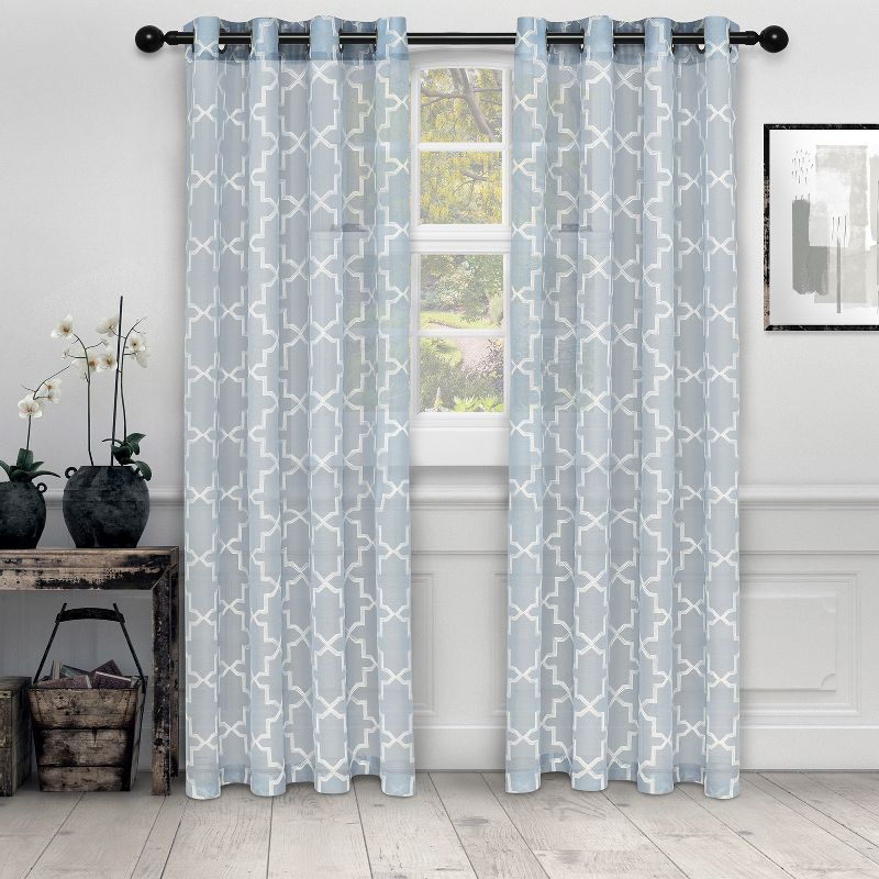 Decorative Quatrefoil Embroidered Sheer Curtain Set with 2 Panels and Rod Pockets by Blue Nile Mills, 1 of 5