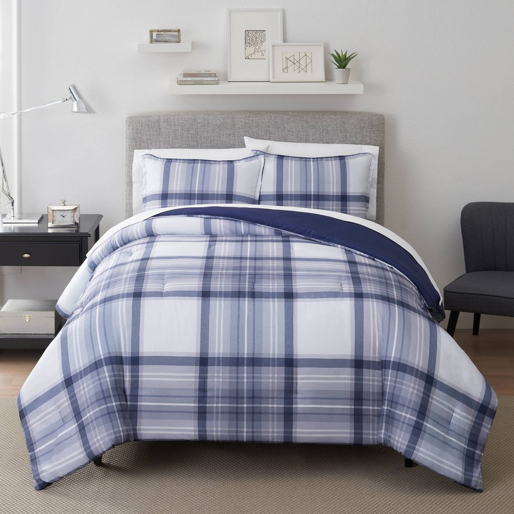 Photos - Duvet Serta 3pc King Scott Plaid Antimicrobial Comforter Set Blue/White  