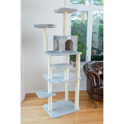 74-Inch Silver Gray Faux Fur Multi-Level Cat Tree with Sisal Posts