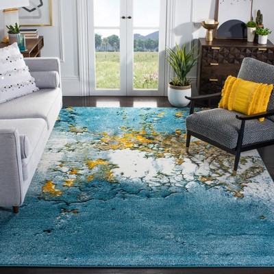 Blue and Gold Abstract Square Synthetic Area Rug