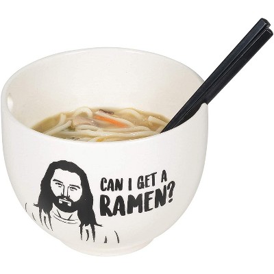 White Ceramic Ramen Bowl with Black Chopsticks Set