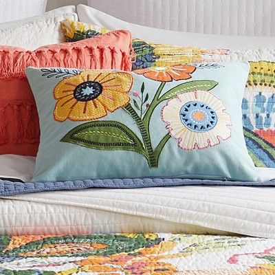 Teal Embroidered Floral Applique Pillow 14x18
