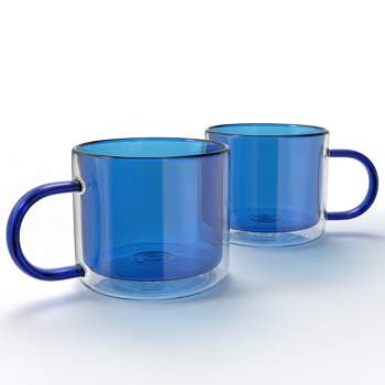 JavaFly Glass Mug With Blue Handle, Set of 4 Glasses, Espresso Cup
