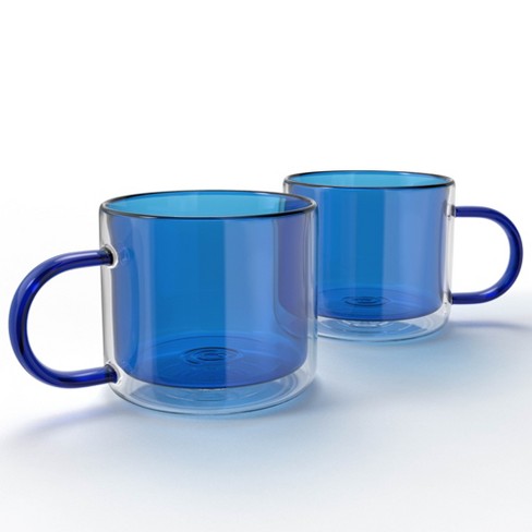 Elle Decor Double Wall Coffee Cups, Set of 2, Cute Coffee, Tea, and Milk  Glass Mugs with Handle, Insulated Espresso Cup, 10-Ounce, Blue