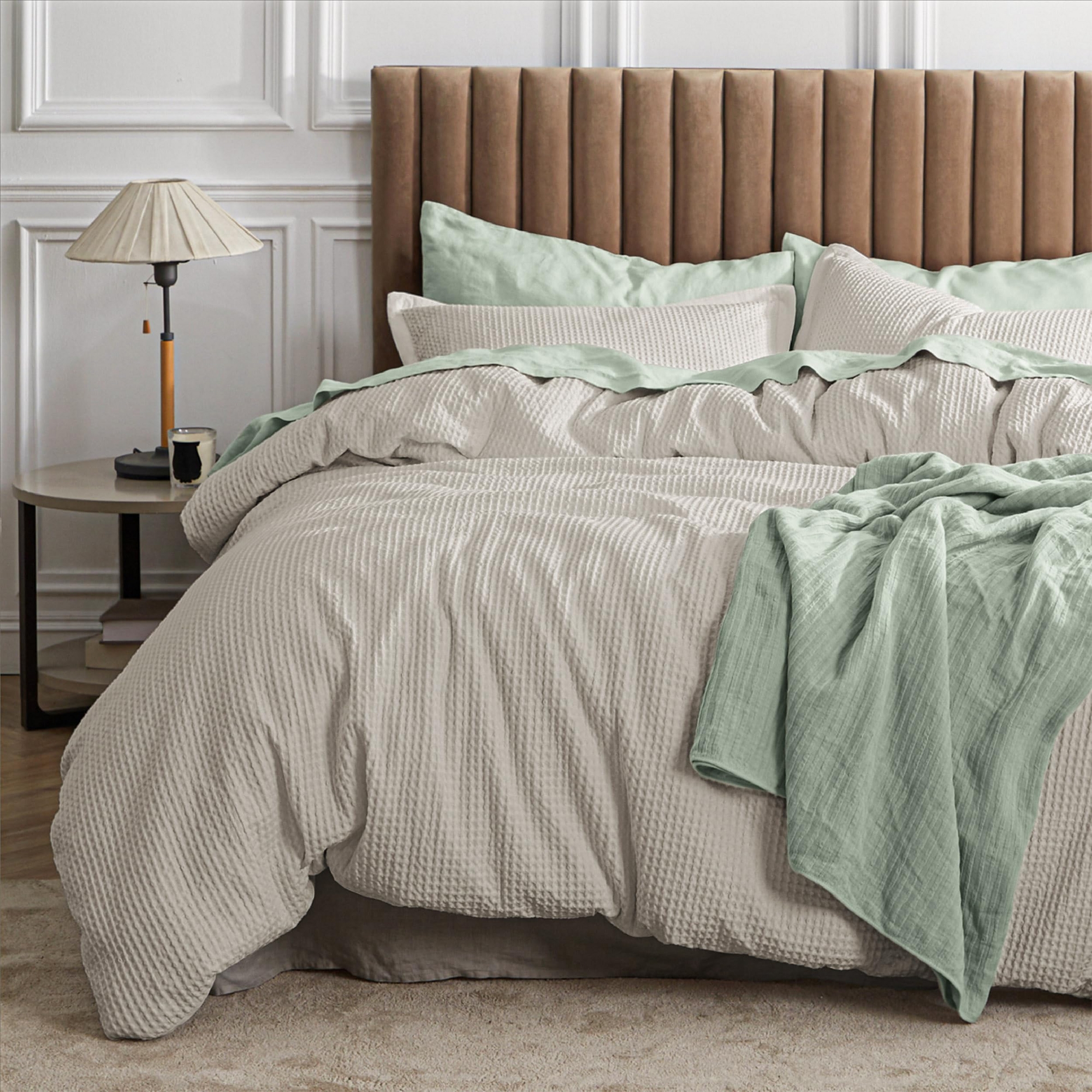 2 Pcs Waffle Comforter Set Soft Cotton Bedding Set Premium Cotton Cover with Polyester Fill for All Seasons Twin, Khaki