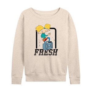 Women's - Hey Arnold! - Fresh Arnold Lightweight French Terry Wide Neck Long Sleeve Shirt - 1 of 4