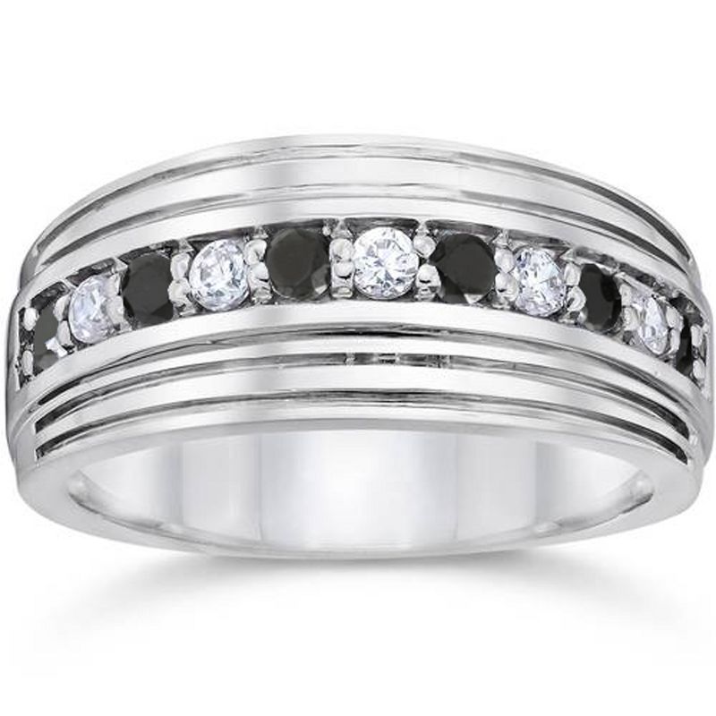 Pompeii3 Mens 10k White Gold Alternating Black & White Diamond 1/2ct Wedding Ring, 1 of 4