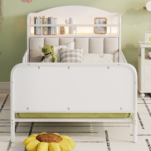 Aortzio Twin Size Metal Platform Bed,Floor Bed with Light,Guardrails&Storage Headboard - 1 of 4