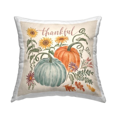 Stupell Industries Thankful Calligraphy Festive Pumpkins Botanical Flowers