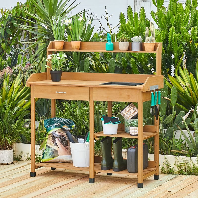 Yaheetech Solid Outdoor Wood Potting Bench Garden Work Bench Station w/Sink Drawer Rack Shelves, 2 of 9