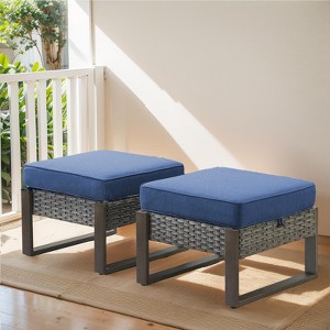 Buenhomino Patio Ottomans Set of 2, Outdoor Wicker Footrest with Thickened Cushions, Multipurpose Metal Patio Furniture for Backyard and Deck Use - 1 of 4