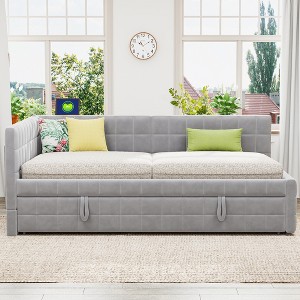 Full Size Upholstered L-Shaped Daybed with Twin Pop-Up Trundle and USB Ports, Square-Block Velvet Sofa Bed Frame, Beige/Gray - ModernLuxe - 1 of 4