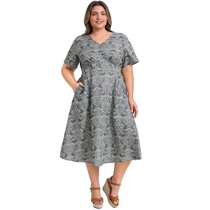 GRACE & GRANDEUR Women's Plus Size V Neck Short Sleeve Floral Print Shirred Pockets Boho T-Shirts Dresses - 1 of 4