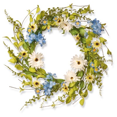 Floral Wreath Hydrangea Gerber Flowers - White/Blue (20")