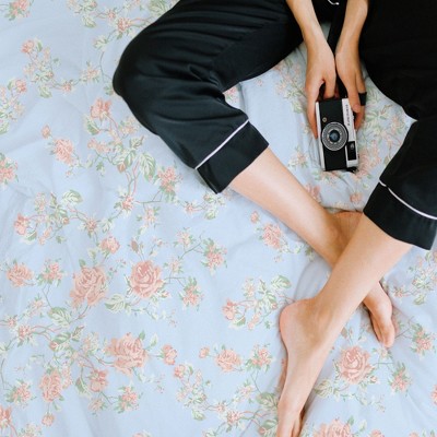 Full Floral Blue and Pink Cotton Microfiber Sheet Set