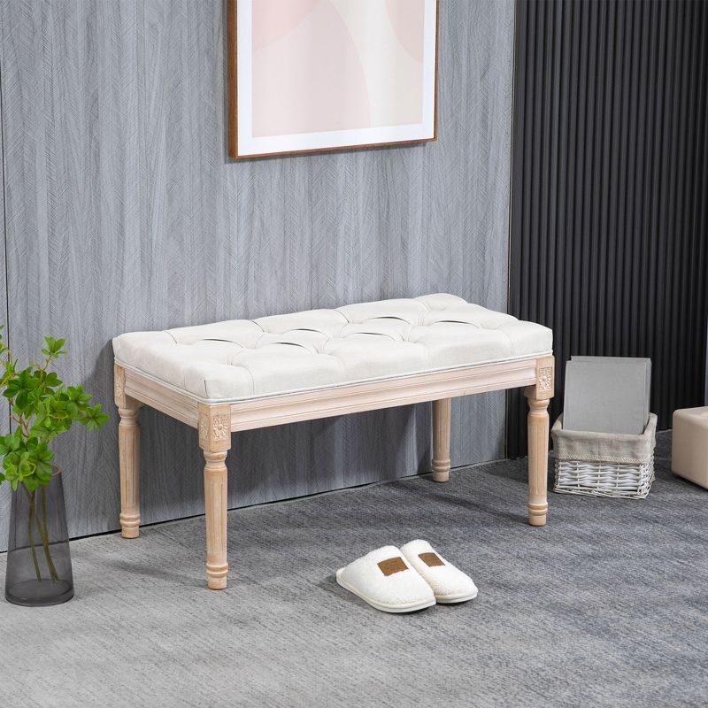 HOMCOM French Vintage End of Bed Bench, Linen Upholstered Bench with Thick Padded Seat and Wood Legs, Tufted Bedroom Bench, 2 of 7