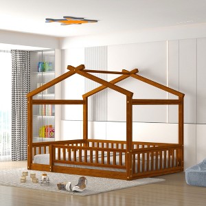 CAVINAS Full Size Wood Montessori Bed,Modern Floor Bed with House Shaped Frame and Safety Fence,Toddler Bed for Bedroom - 1 of 4