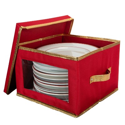 Red Polyester Dinner Plate Storage Box with Felt Dividers