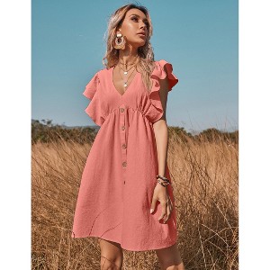 Women's Flutter Sleeve Mini Dress Button Detail Babydoll Sundress Casual Summer Dress - 1 of 4