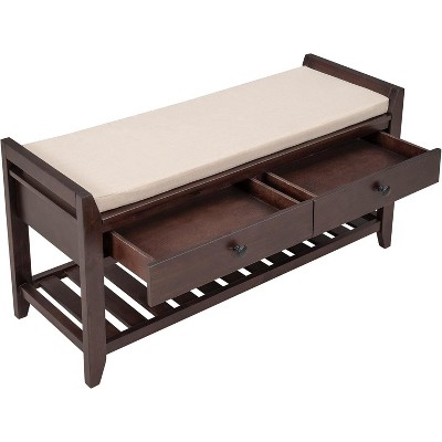 Acekool 35.4" Farmhouse Storage Bench with Cushion, 2-Tier Entryway Bench with Shelf & 2 Drawers for Bedroom, Hallway, Living Room, Espresso