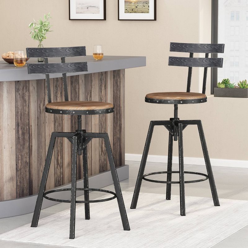 Set of 2 Alanis Modern Industrial Firwood Adjustable Height Swivel Barstools Natural/Black Brushed Silver - Christopher Knight Home, 3 of 13