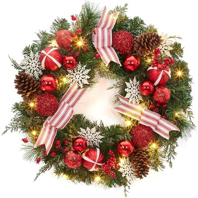 24 in Pre-Lit Christmas Wreath for Front Door, Artificial Xmas Wreath with 20 LED Lights, Red Berries, Pine Cones, Ball Ornaments for Holiday Decor
