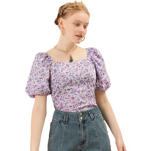 Ready Stock】Women Chiffon Puff Sleeve Crop Top Floral Short