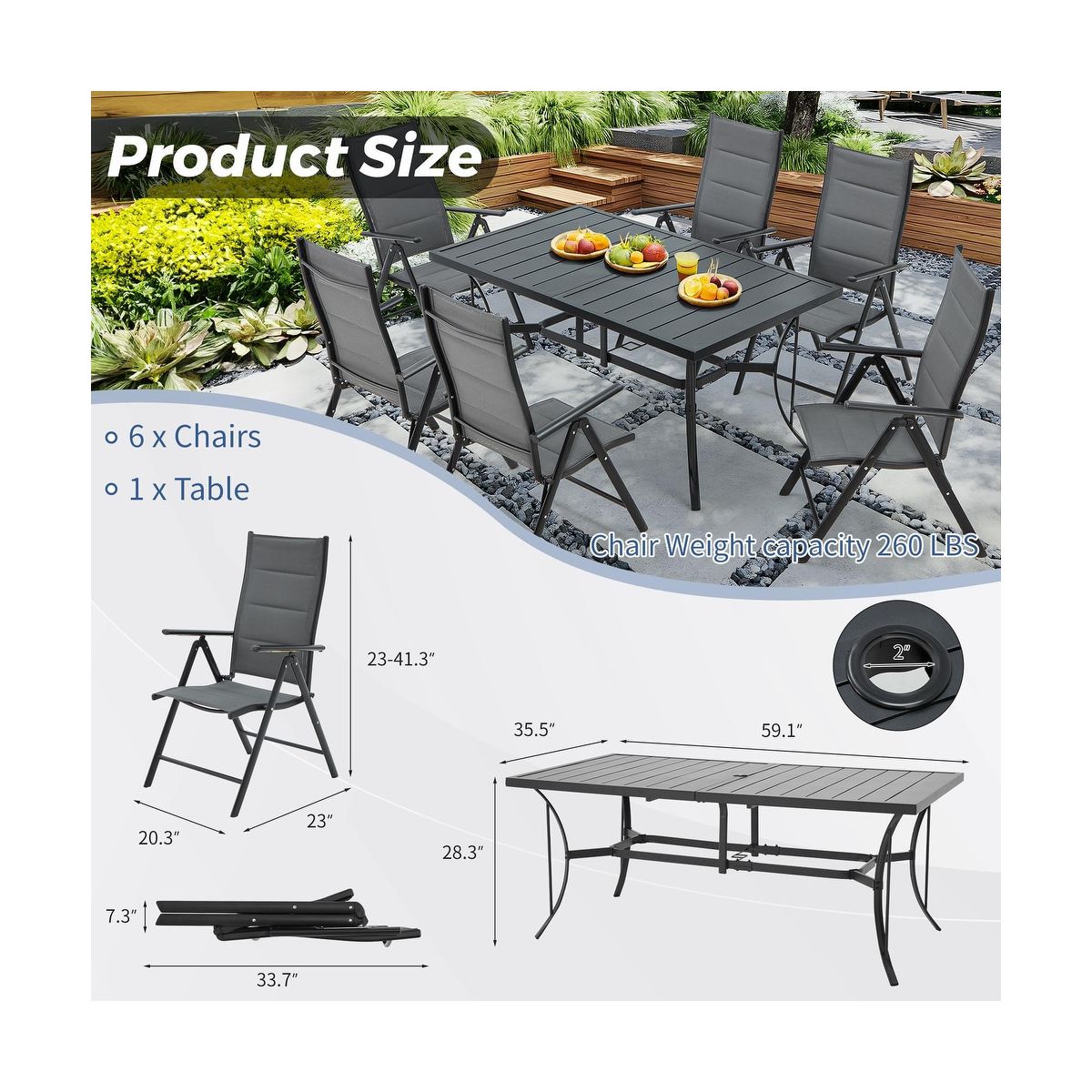 Patio dining set size diagram with chair and table measurements