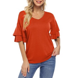 Clearlove Women's Casual Blouses Ruffle Sleeve T Shirts V Neck Double Tiered Bell Sleeve Top - 1 of 4