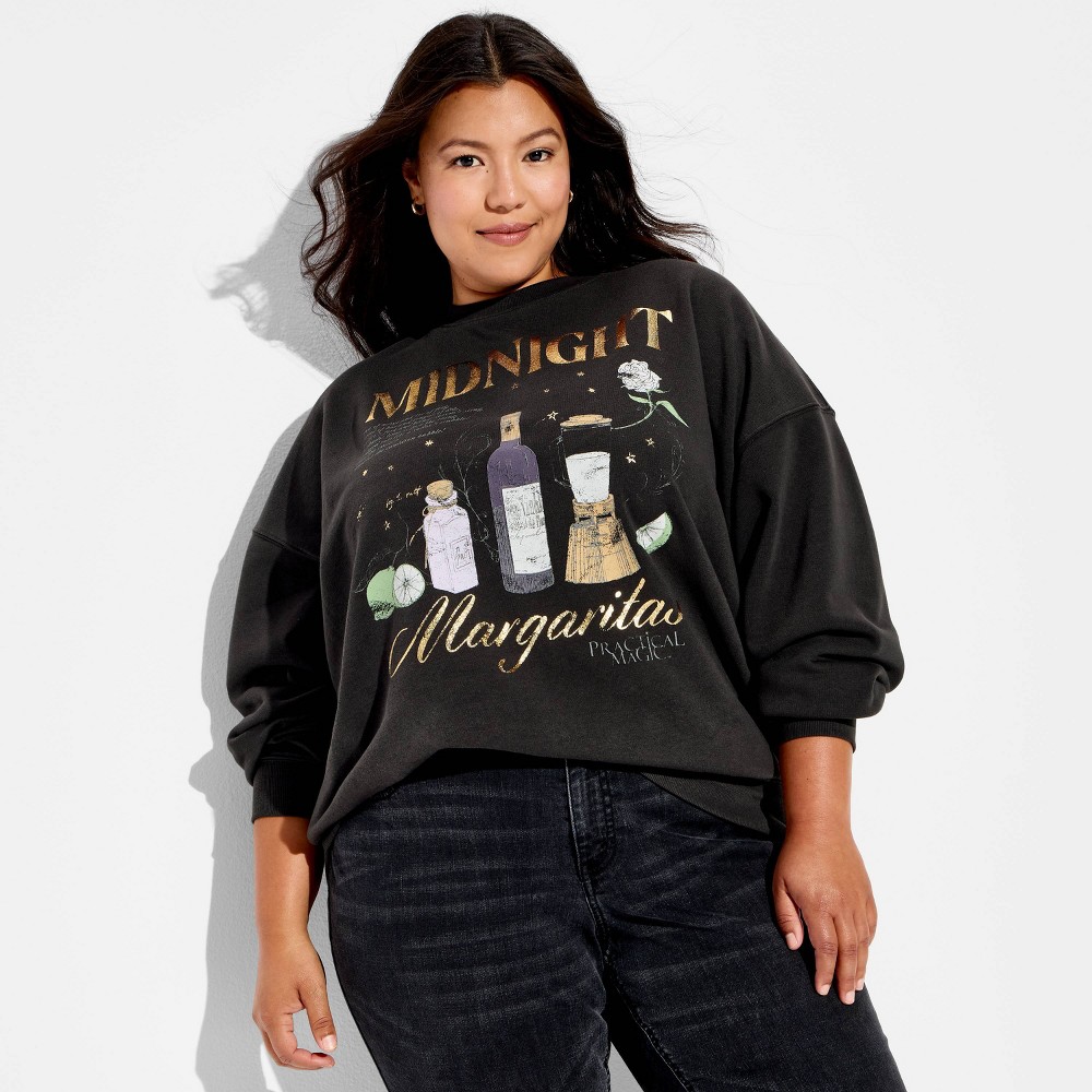 Women's Crewneck Practical Magic Midnight Margaritas Graphic Pullover Sweatshirt - Black 1X