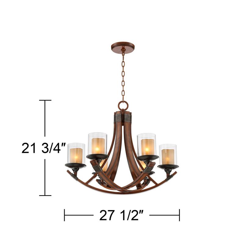 Franklin Iron Works Mahogany Wood Finish Chandelier 27 1/2" Wide Rustic Curving Clear Outer Scavo Inner Glass 6-Light Fixture Dining Room, 4 of 10