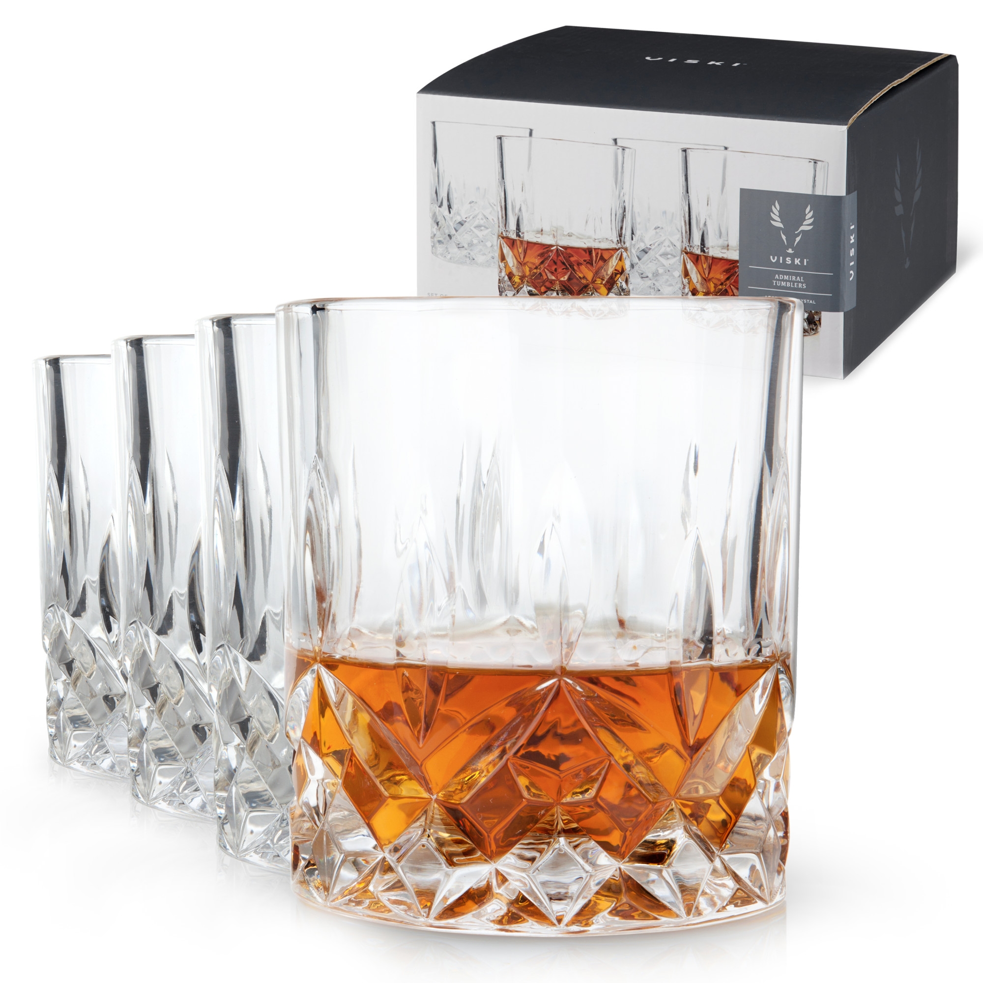 Viski Admiral Crystal Whiskey Tumblers Set of 4, Lead-Free Premium Crystal Clear Glass, Classic Lowball Cocktail Glasses, Scotch Glass Gift Set, 9 oz