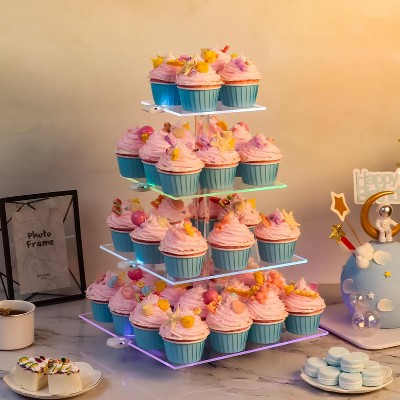 4 Tier Clear Acrylic Dessert Tower, Holds 52 Cupcakes, 7-Color Light Effects for Parties, Weddings, Birthdays & Celebrations